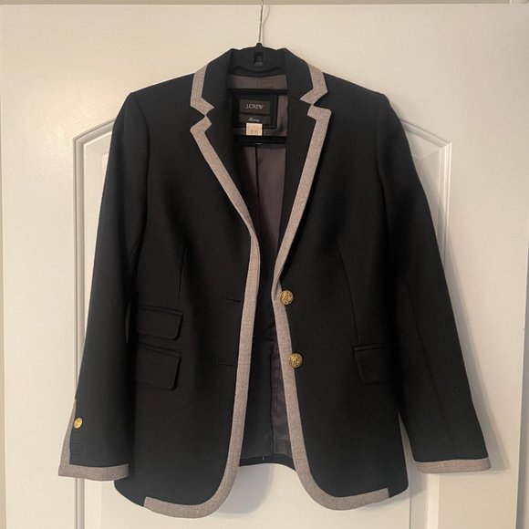 J. Crew Dark Navy Blue with Grey Trim and Gold Buttons Wool Blazer - Picture 2 of 6